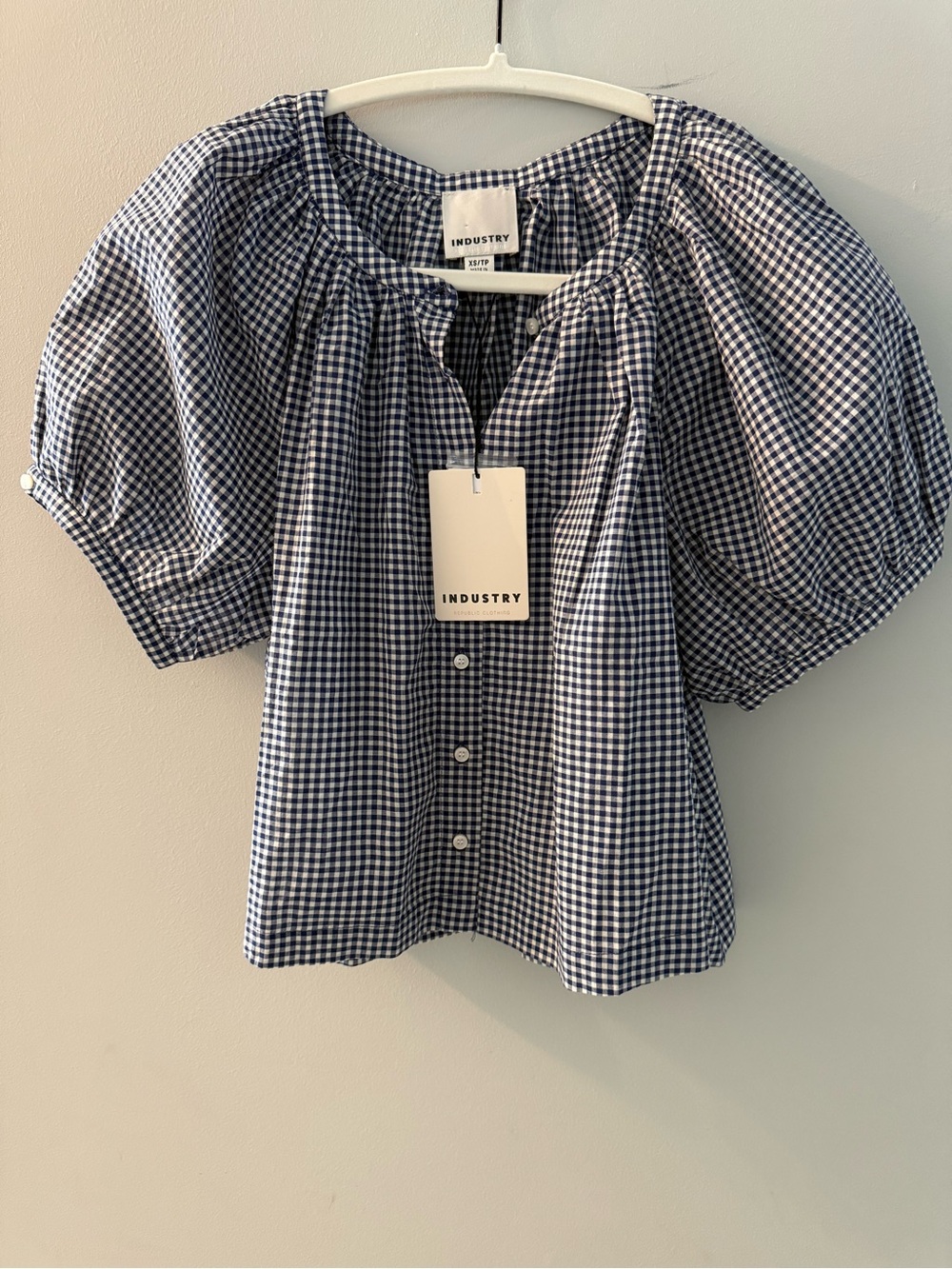 INDUSTRY Navy Gingham Puff Sleeve Button Front Top, XS, NWT